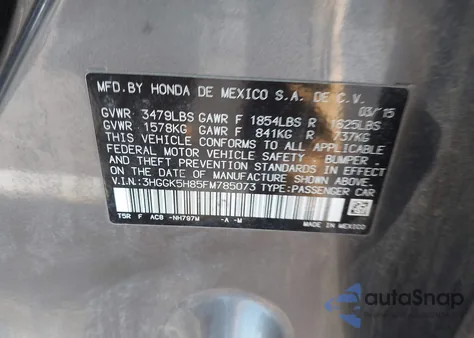 2015 Honda Fit Ex/Ex-L from USA, damaged, VIN 3HGGK5H85FM785073